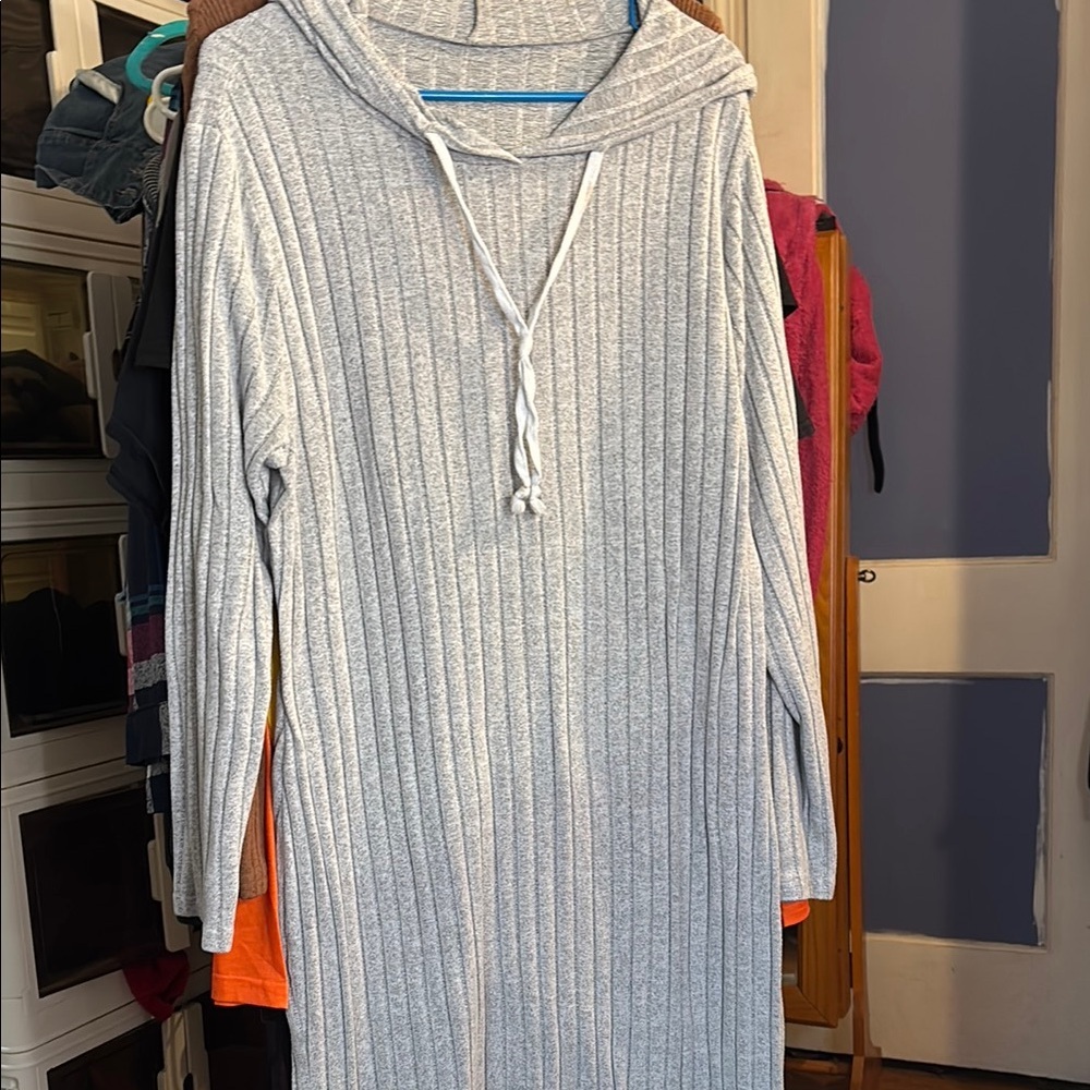 Gray Ribbed Hooded Dress